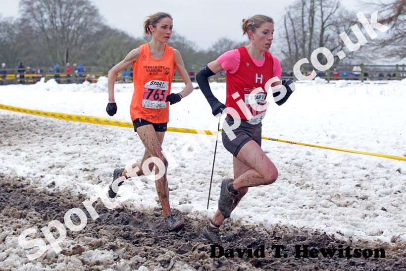 Hatti Archer (Hallamshire Harriers) and Rosie Smith (Durham City) during the senior womens Northern Cross Country Championships.